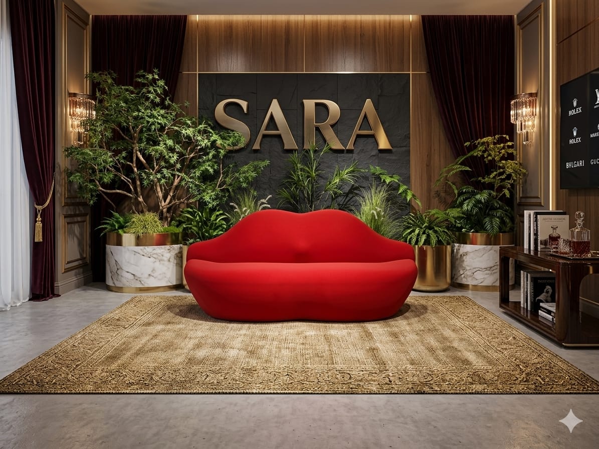 Showroom Sara Total cu canapea roșie în formă de buze